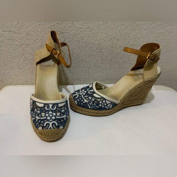 Tory Burch Lucia Lace Wedge Espadrille, Tory Navy white 8.5 M - Picture 2 of 11